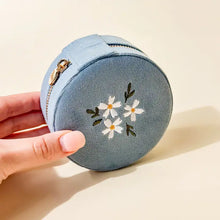 Load image into Gallery viewer, Round Velvet Jewelry Case - Floral Misty Blue