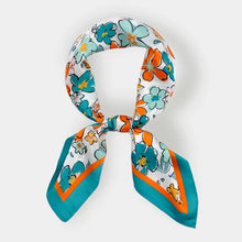 Load image into Gallery viewer, Scarf - Square Teal Flower Printed Silky Satin Bandana