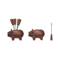 Load image into Gallery viewer, Sapele Wood Pig Shaped Holder w/ 6 Appetizer Forks