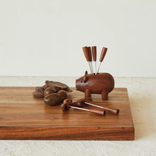 Load image into Gallery viewer, Sapele Wood Pig Shaped Holder w/ 6 Appetizer Forks