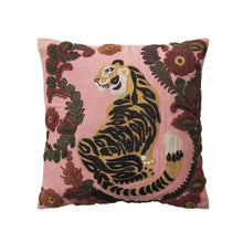 Load image into Gallery viewer, Embroidered Tiger & Flowers Square Slub Pillow