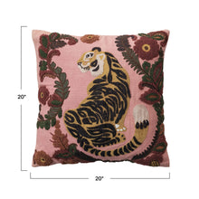Load image into Gallery viewer, Embroidered Tiger & Flowers Square Slub Pillow
