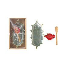Load image into Gallery viewer, Holly Leaf-Shaped Serving Plate with Bamboo Spoon & Cardinal Dish