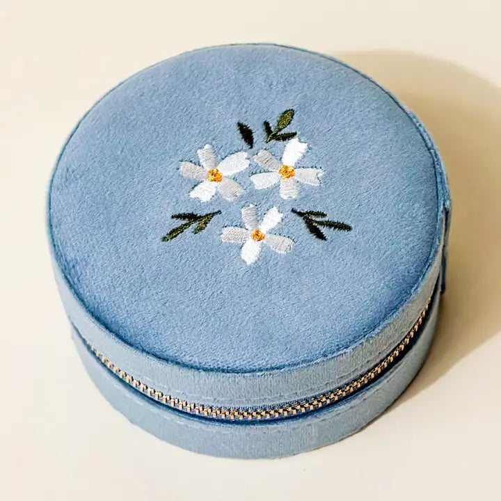 Round Velvet Jewelry Case - Floral Misty Blue