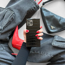 Load image into Gallery viewer, FLAUNT Black Crocodile Leather MagSafe iPhone Case
