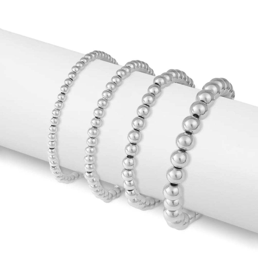 Stainless Steel Metal Bead Stretch Bracelet - Silver