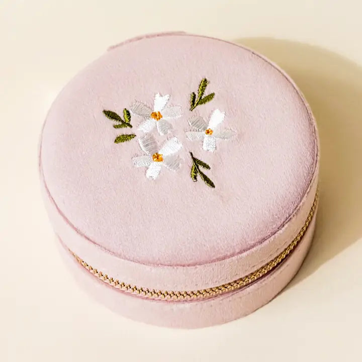 Round Velvet Jewelry Case - Floral Blush