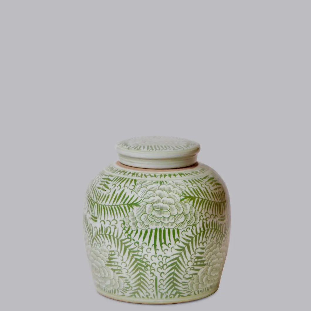 Rustic Peony Green and White Porcelain Jar