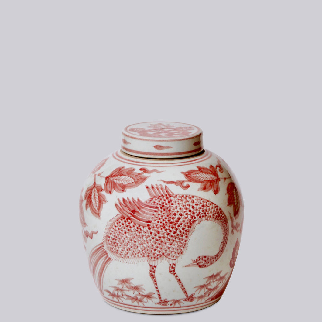 Red & White Porcelain Peacock Jar