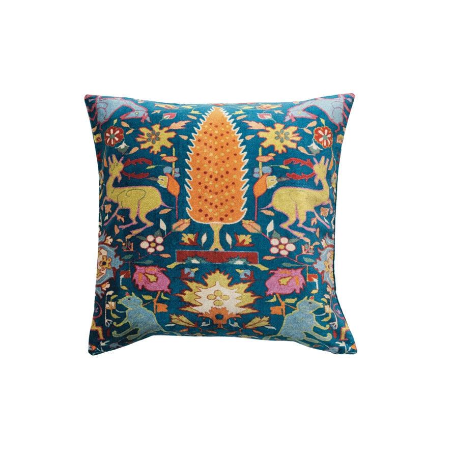 Square Cotton Blend Velvet Printed Pillow w/ Vintage Carpet Pattern