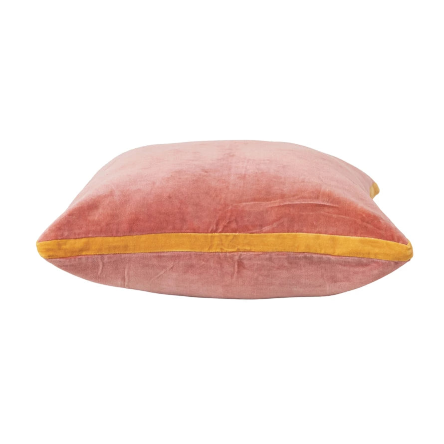 Square Cotton Velvet Pillow w/ Contrasting Gusset - Apricot & Mustard