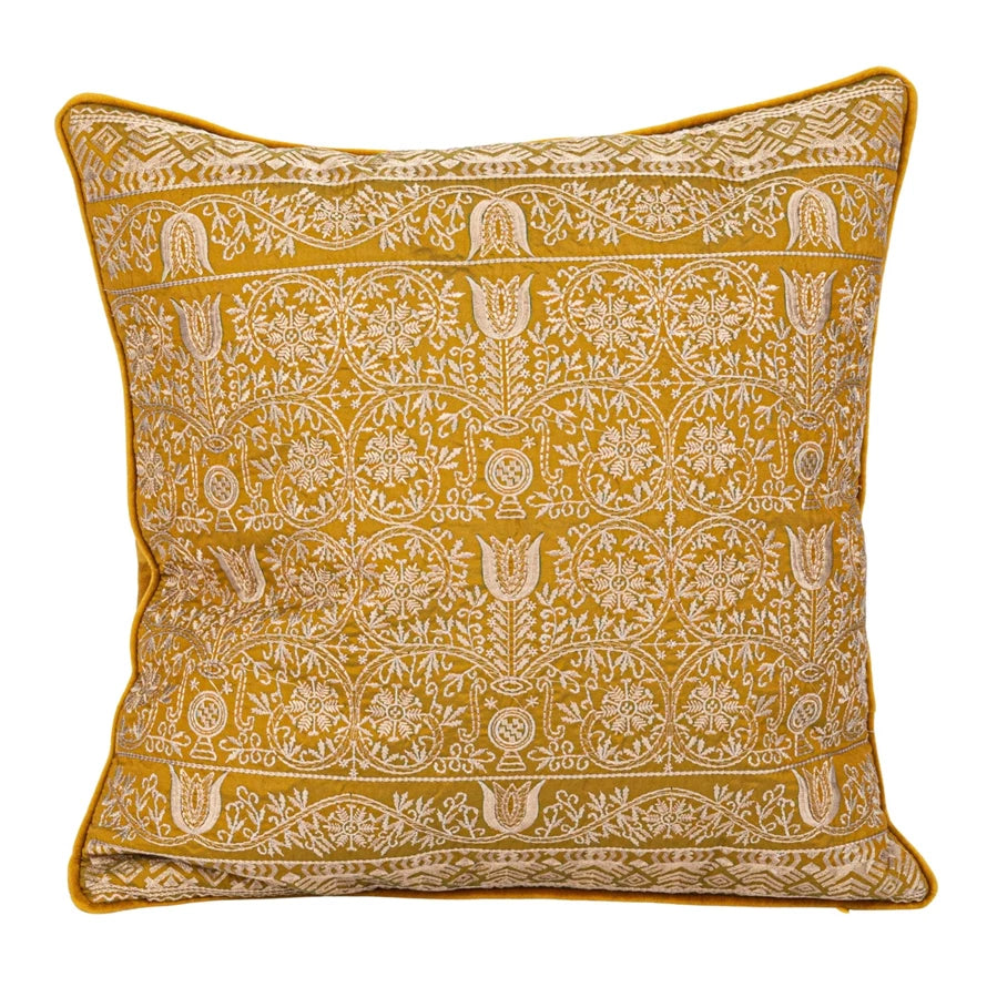 Chartreuse Cotton Velvet Square Embroidered Pillow