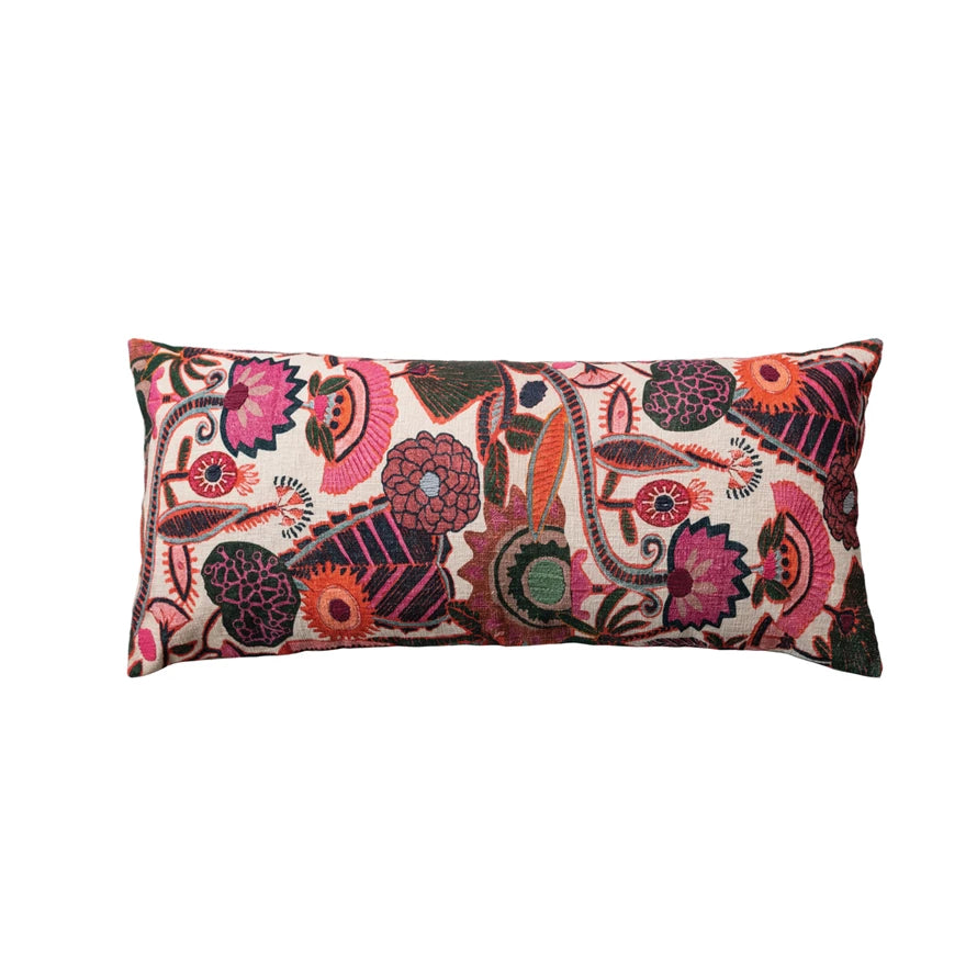 Floral Embroidered Cotton Slub Lumbar Pillow