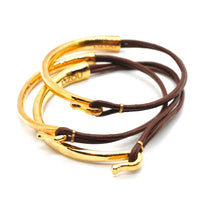 Load image into Gallery viewer, Leather + 24K Gold Plate Bangle Bracelet
