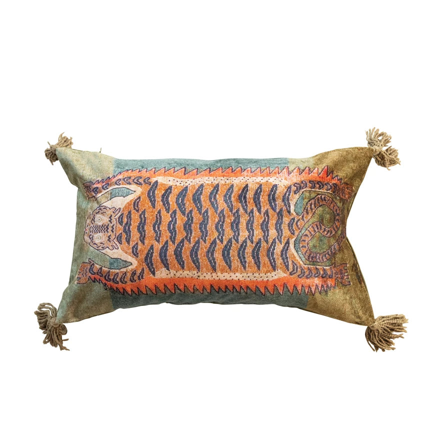 Cotton Blend Velvet Lumbar Pillow with Tiger