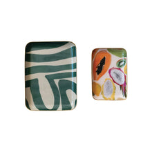 Load image into Gallery viewer, Enameled Metal Trays w/ Fruit/Abstract Image &amp; Gold Rim
