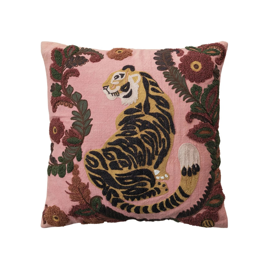 Embroidered Tiger & Flowers Square Slub Pillow