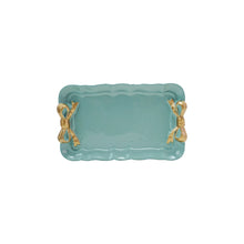 Load image into Gallery viewer, Aqua Decorative Metal Tray with Gold Finish Bows
